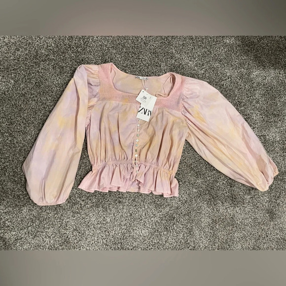 NWT Zara balloon sleeve peplum tie dye blouse, size medium - Picture 3 of 9